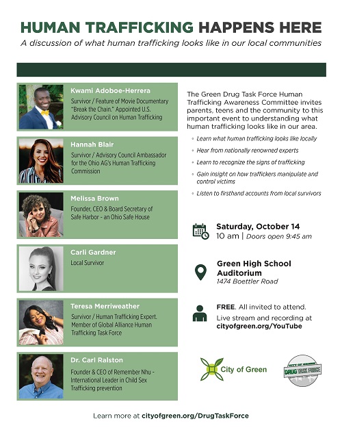 Image of flyer for event. Pictures and small statements about each speaker. Learn more at cityofgreen.org/drugtaskforce