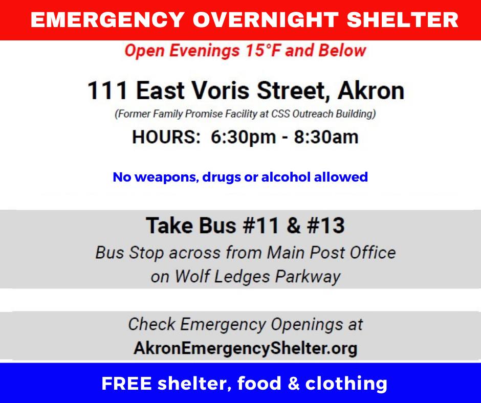 Details for emergency shelter at 111 East Voris Street in Akron. December 23rd through 27th.