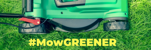 image of battery mower in grass with the MowGREENER title