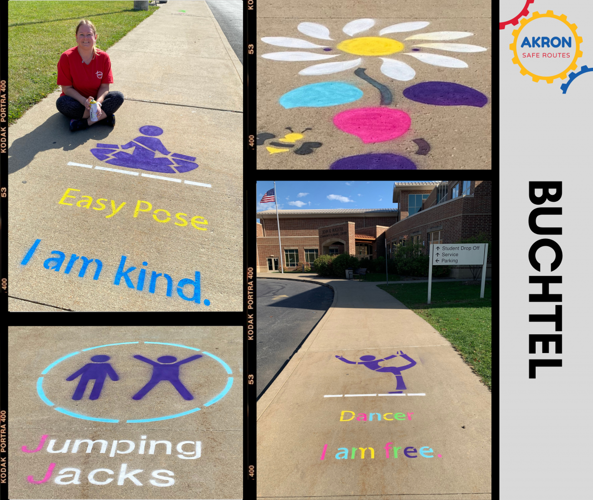 Image of painted activity stations, yoga poses, hopscotch, and wayfinding animal prints on the sidewalks