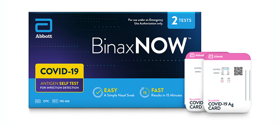 Image of BinaxNOW home COVID test kit package.