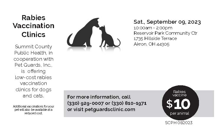 Rabies Vaccination Clinic - September 9, 2023 10a-12p at Reservoir Park 1735 Hillside Terrace, Akron, OH 44305