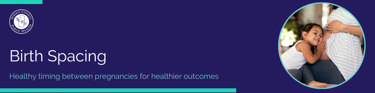 Banner with a dark purple background featuring the title 'Birth Spacing' in white and the tagline 'Healthy timing between pregnancies for healthier outcomes' in teal. A circular image shows a colorful word cloud with terms like community, trust, cooperation, connection, teamwork, and support. The Summit County Public Health logo appears in the top left with teal accent borders.