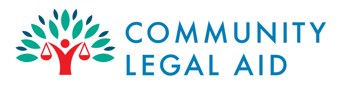 The logo features a stylized graphic on the left that combines a human figure, a scale of justice, and a tree. The trunk of the tree is formed by a solid red silhouette of a person with a circular head and outstretched, curving arms, from which hang two red triangular outlines representing the pans of a scale. Sprouting above and around the figure's arms are multiple leaf shapes in alternating shades of teal and dark blue, arranged symmetrically to create a full, semicircular tree canopy. To the right of this icon, the text "COMMUNITY LEGAL AID" is written in all-capital, medium blue, sans-serif block letters. The text is organized into two stacked lines, with "COMMUNITY" on the top row and "LEGAL AID" on the bottom row, all set against a clean, solid white background.