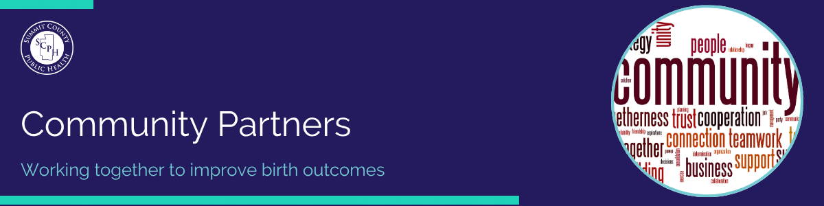 Banner with a dark purple background featuring the title 'Community Partners' in white and the tagline 'Working together to improve birth outcomes' in teal. A circular image shows a colorful word cloud with terms like community, trust, cooperation, connection, teamwork, and support. The Summit County Public Health logo appears in the top left with teal accent borders.