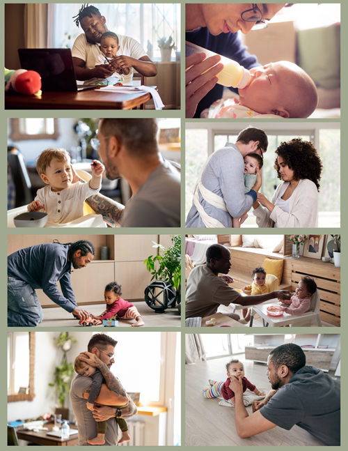 Collage with separate images of several dads with their infants/toddlers.