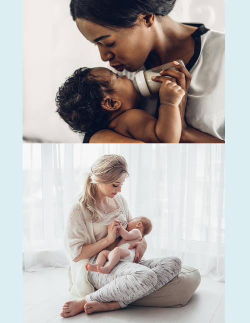 Image of a woman bottle feeding and an image of a woman breast feeding and infant.