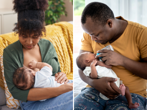 Image of African American mom breastfeeding baby, next to a picture of African American dad using a bottle to feed baby pumped milk.