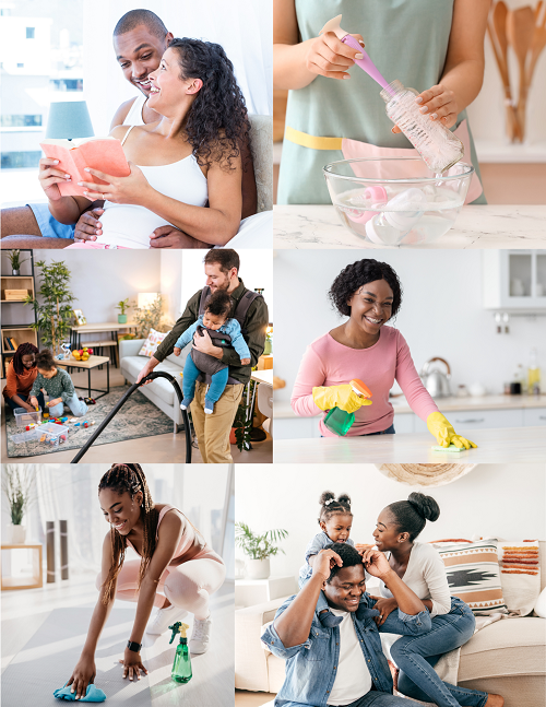 Collage of pictures showing various households as clean and healthy.