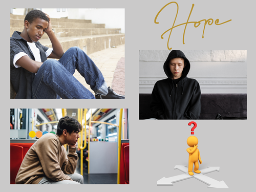 Collage of images of teen boys, one outside, one on a bus/subway, and one sitting on a couch all looking troubled or sad.