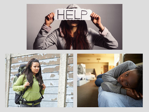 Collage of images of teen girls. One girl hold a "help" sign in front of her face. Another is by herself with a backpack. A third girl lies on a bed looking sad.