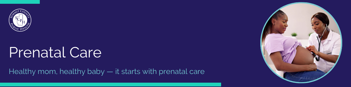 Banner with a dark purple background featuring the title 'Prenatal Care' in white and the tagline 'Healthy mom, healthy baby — it starts with prenatal care' in teal. A circular photo shows a prenatal checkup in a maternity center. The Summit County Public Health logo appears in the top left with teal accent borders