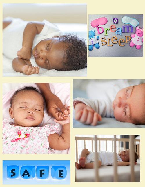 Collage of pictures of babies sleeping safely.