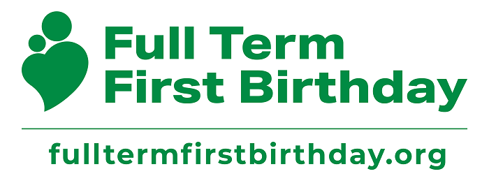 Green logo reading Full Term First Birthday fulltermfirstbirthday.org
