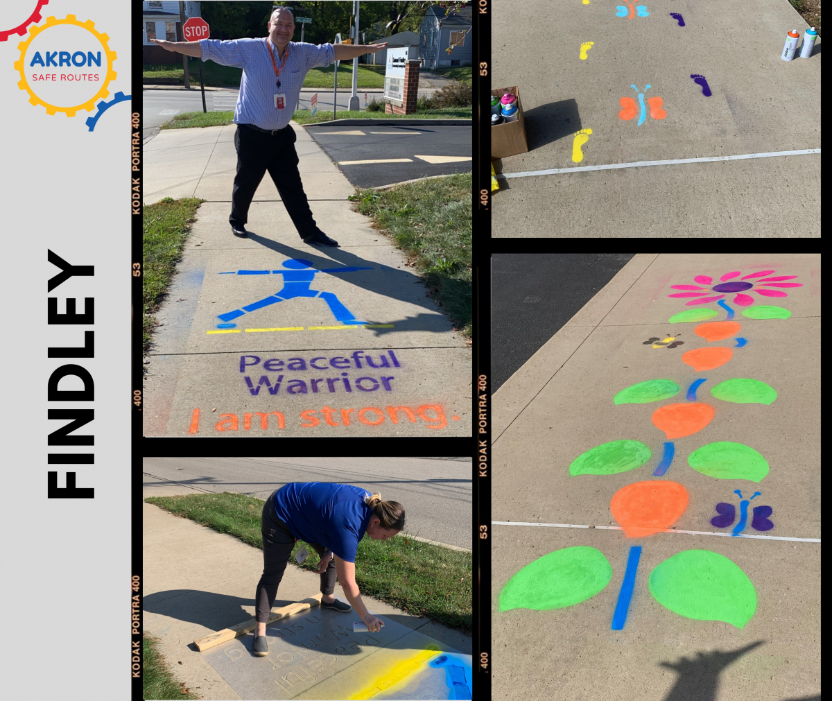 Image of painted activity stations, yoga poses, hopscotch, and wayfinding animal prints on the sidewalks.