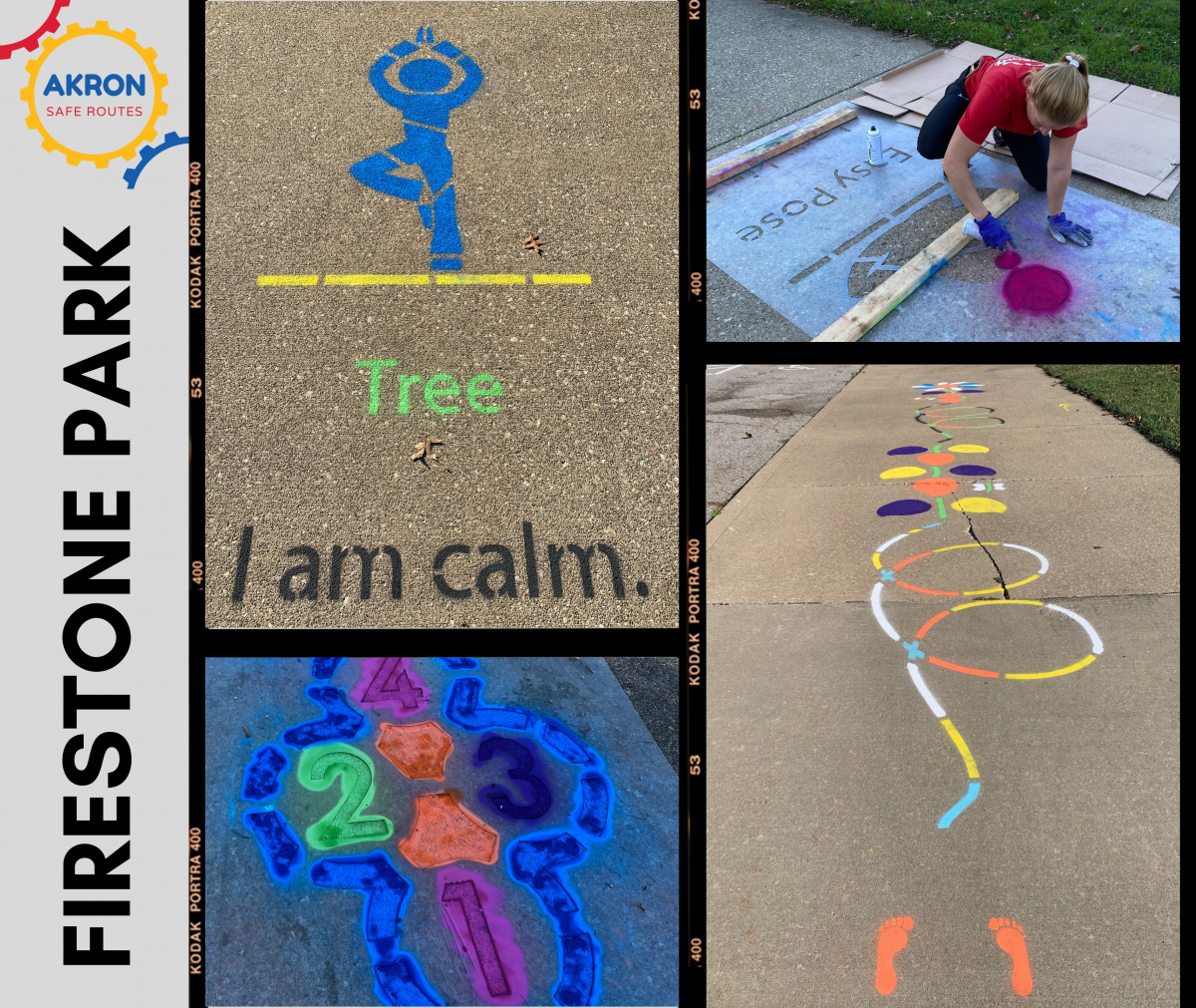 Image of painted activity stations, yoga poses, hopscotch, and wayfinding animal prints on the sidewalks