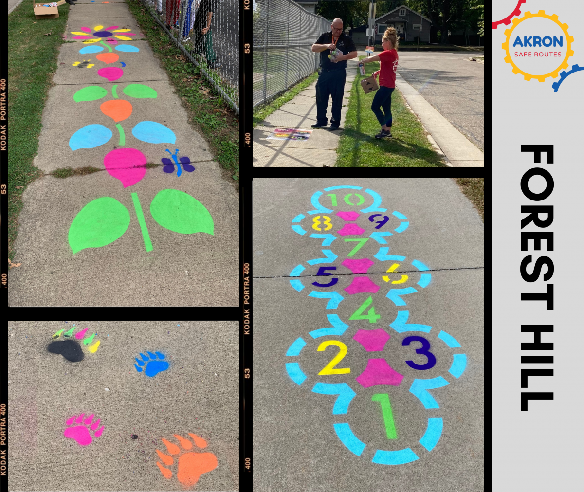 Image of painted activity stations, yoga poses, hopscotch, and wayfinding animal prints on the sidewalks