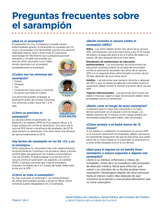 Spanish language page one of Frequently Asked Questions about Measles