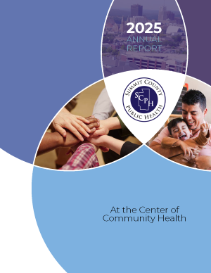 Image of Annual Report cove in shades of blue and purple with 3 inset image. 1. hands of several individuals stacked on top of one another. 2. A father and sun laughing. 3. City of Akron skyline.