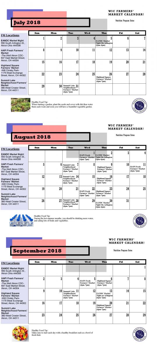 WIC Farmers' Market Calendar