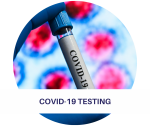 Image of gloved fingers holding a vial that reads COVID-19.