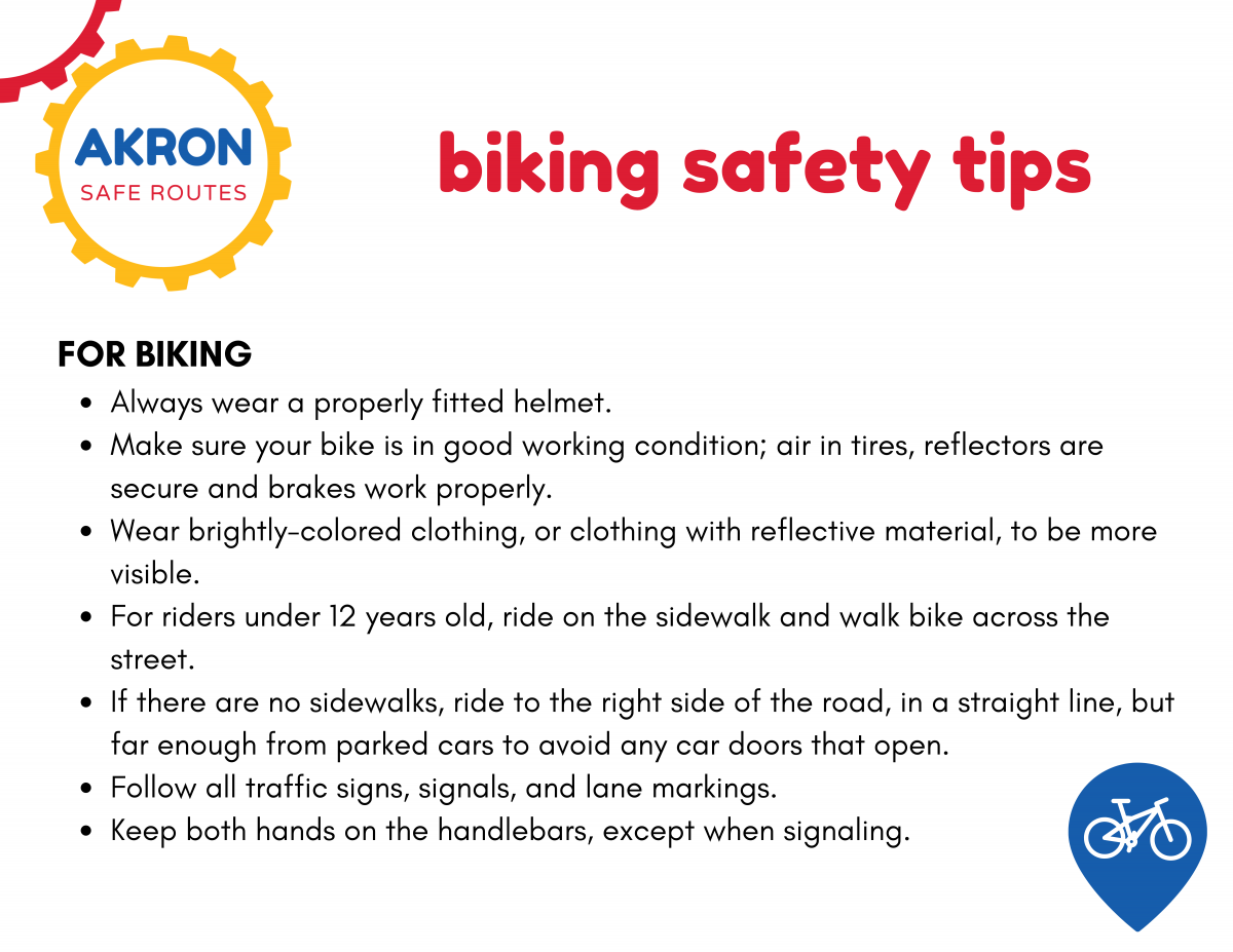 Image with text for Akron Safe Route with safety tips for biking.